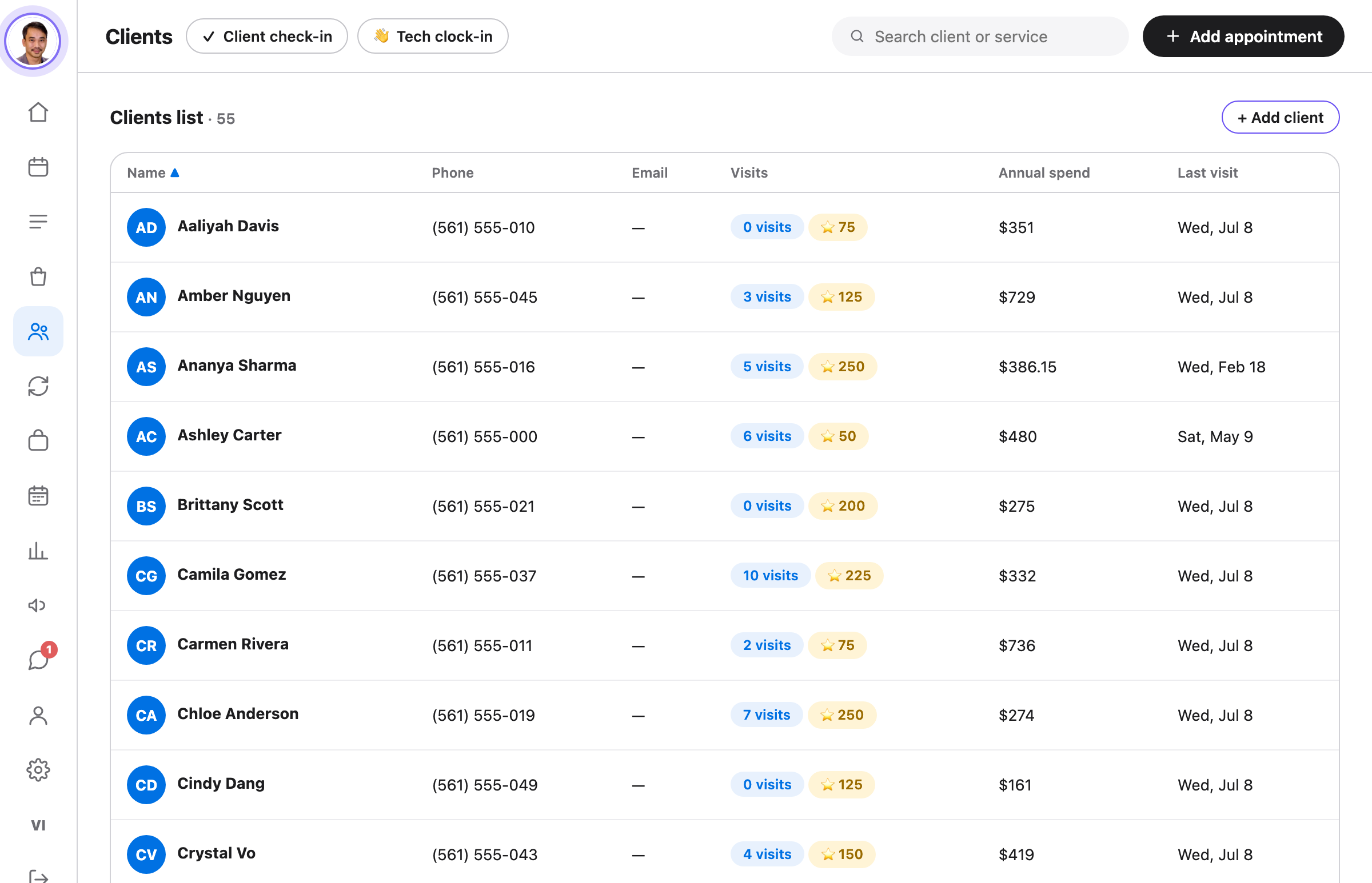 Client list with visit history and loyalty points