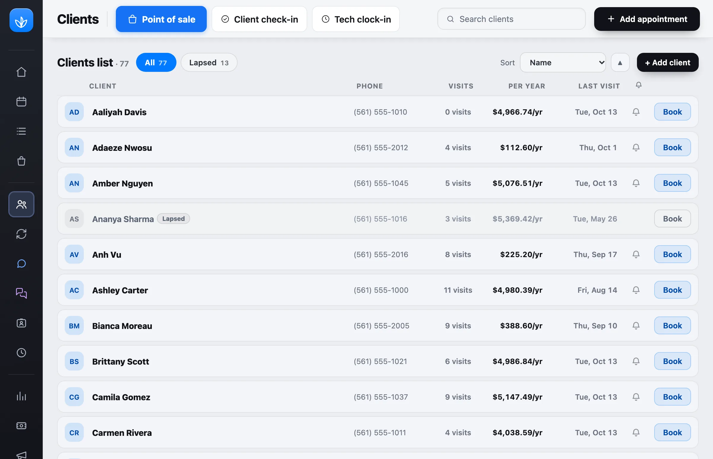 Client list with visit history and loyalty points